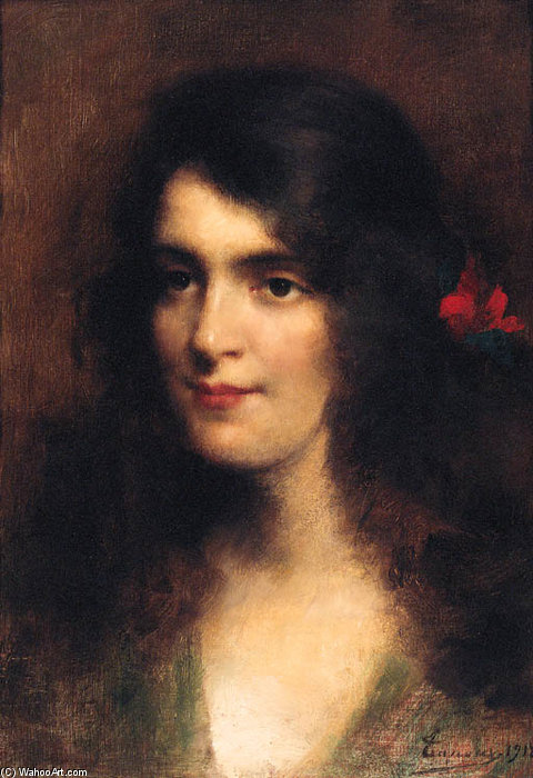 A Young Beauty With A Red Flower In Her Hair — Adrien Henri Tanoux