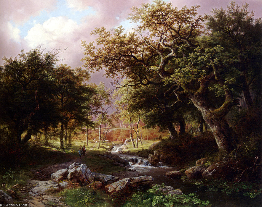 A Wooded Landscape With Figures Along A Stream — Barend Cornelis Koekkoek