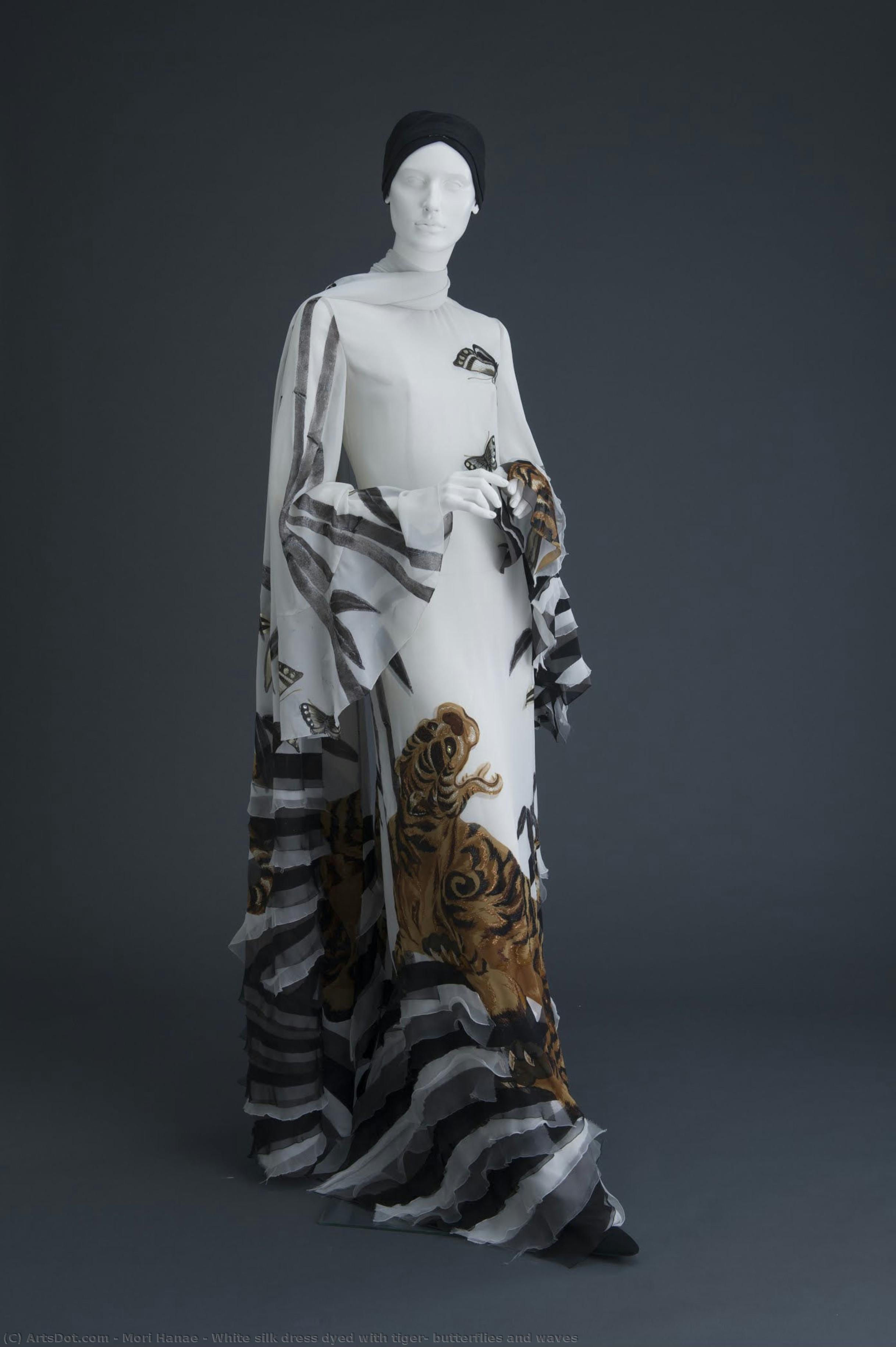 White Silk Dress Dyed With Tiger, Butterflies And Waves — Mori Hanae