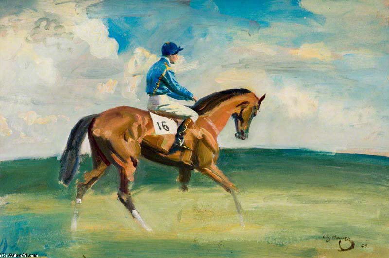 A Racehorse With Jockey Up, Wearing Blue With Yellow Ribbon — Sir Alfred James Munnings