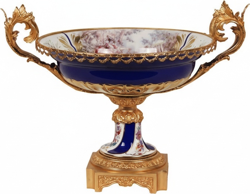 Rococo Porcelain Fruit Bowl With Blue Grass Leaf Handles