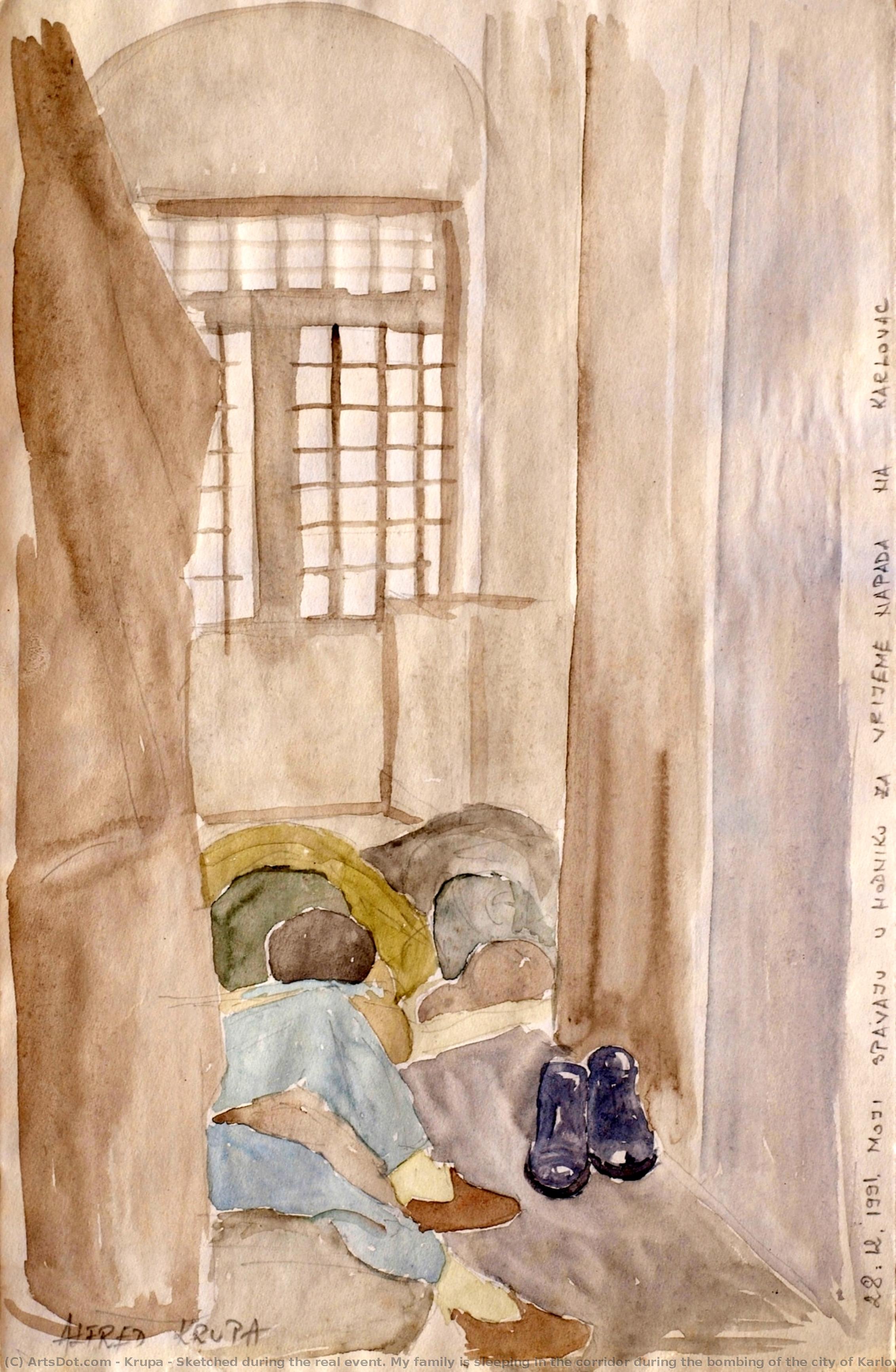 Sketched During The Real Event. My Family Is Sleeping In The Corridor During The Bombing Of The City Of Karlovac On 28.12.1991 — Krupa