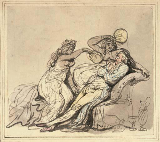 Two Women Waving Fans In Front Of A Man Sitting On A Chair — Thomas Rowlandson