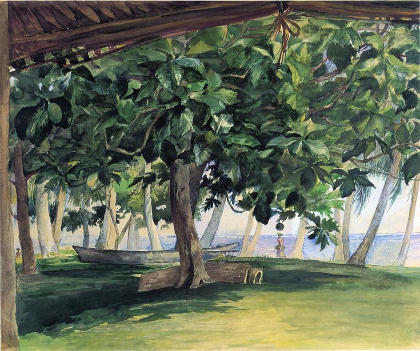 View From Hut, At Vaiala In Upolu, Bread Fruit Tree, War Drums And Canoe, Nov. 19th, 1890 — John La Farge