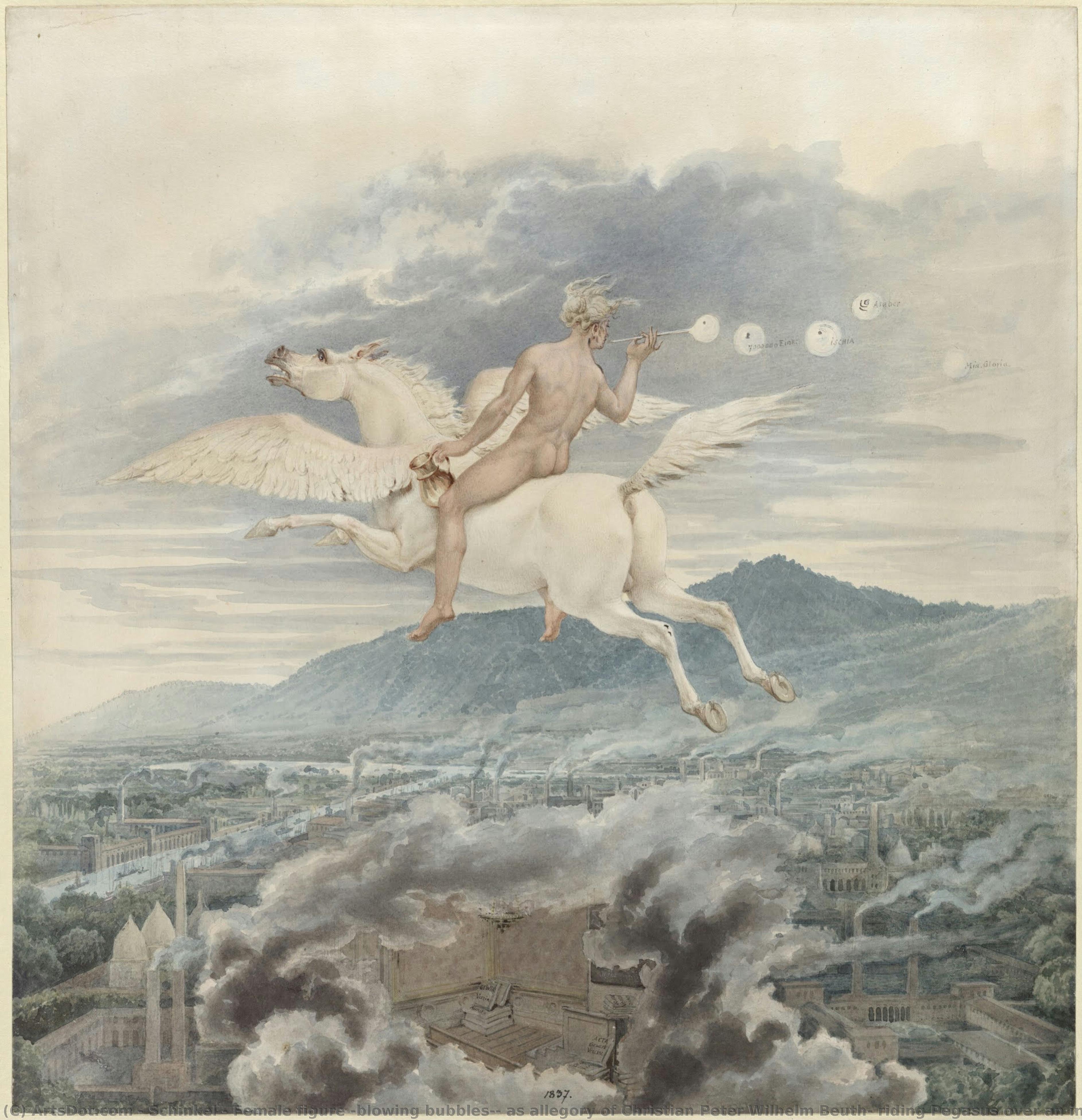 Fraufigur (bläschen Bläst), Als Allegorie Von Christian Peter Wilhelm Beuth, Auf Pegasus Über Eine Industriestadt — Karl Friedrich Schinkel