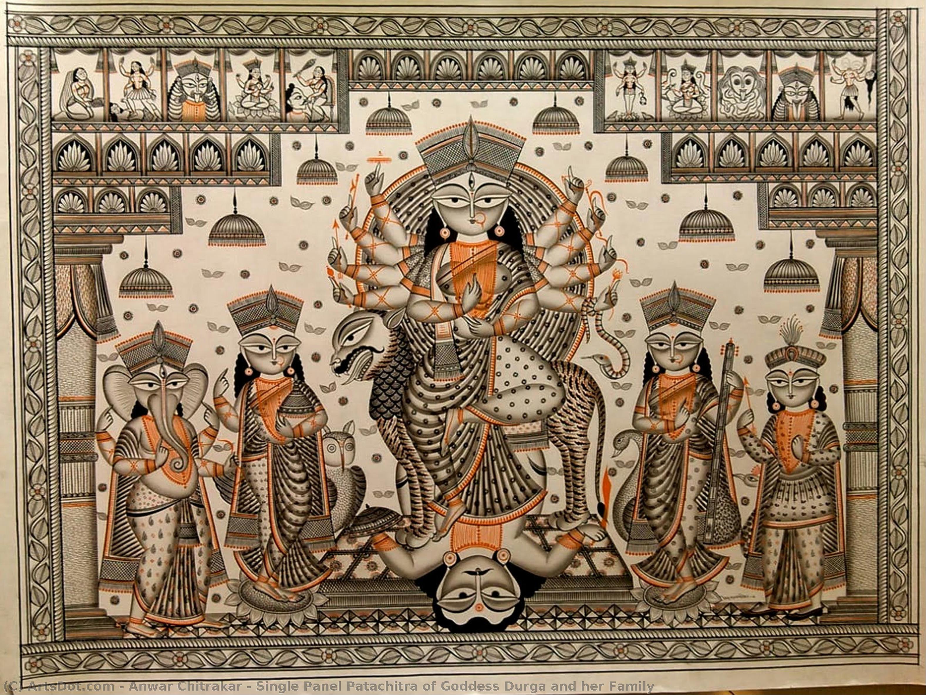 Single Panel Patachitra Of Goddess Durga And Her Family — Anwar Chitrakar