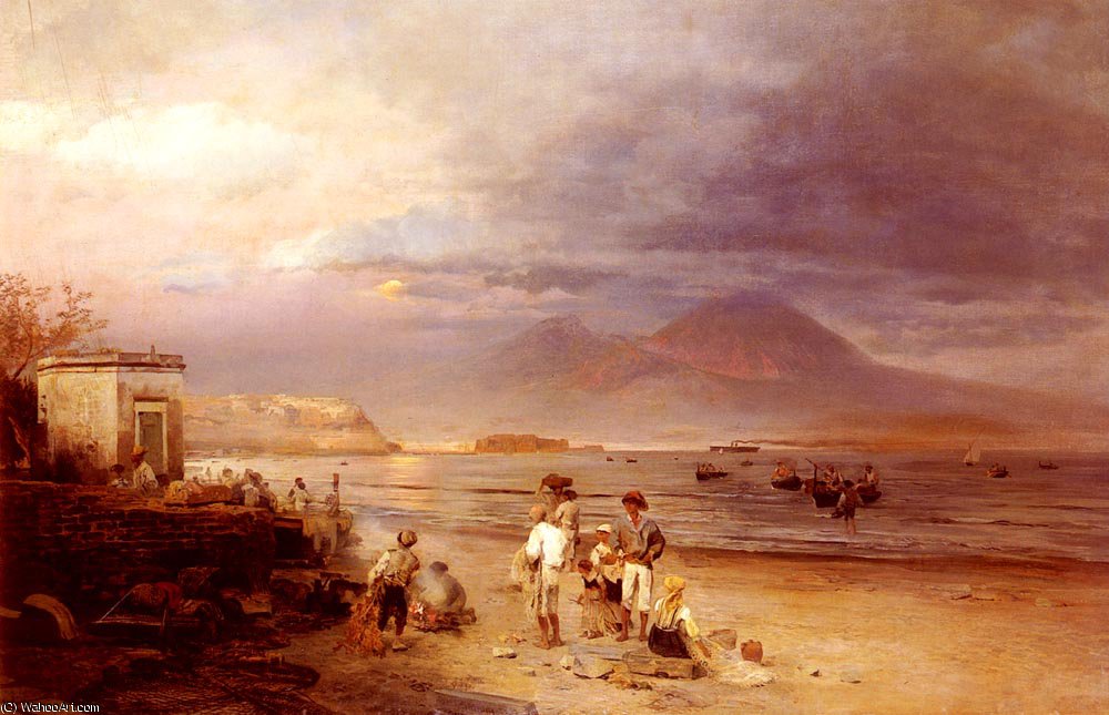 Fishermen With The Bay Of Naples And Vesuvius Beyond — Oswald Achenbach