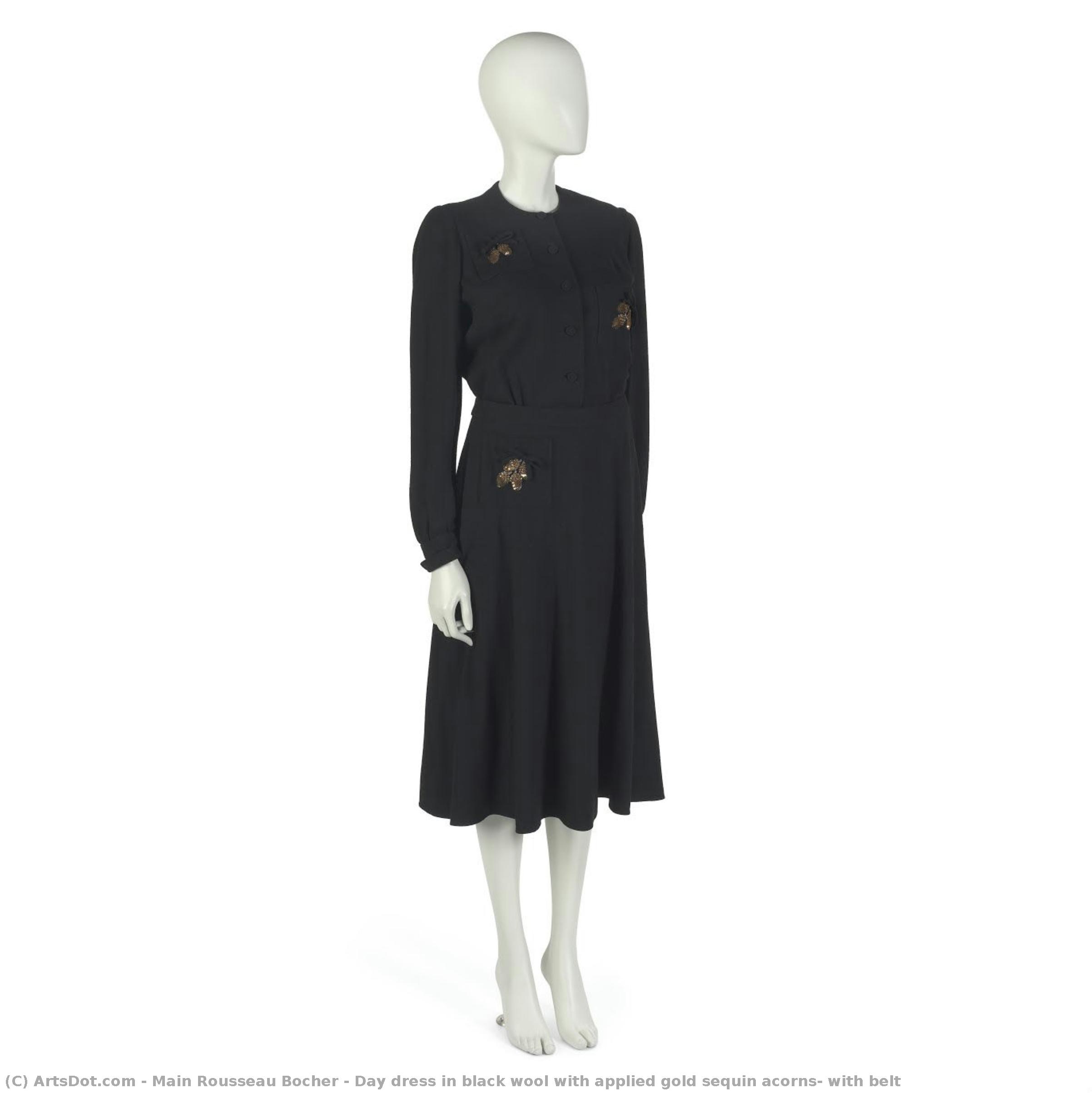 Day Dress In Black Wool With Applied Gold Sequin Acorns, With Belt — Main Rousseau Bocher