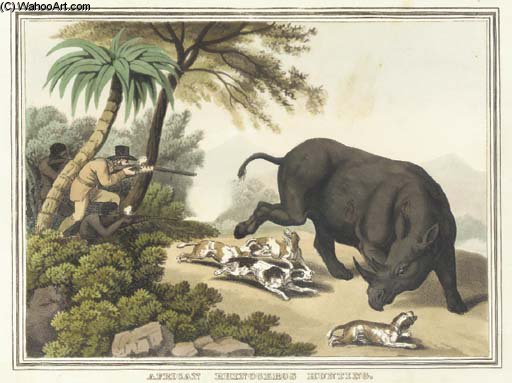 African Rhinoceros Hunting, From Foreign Field Sports — Samuel Howitt