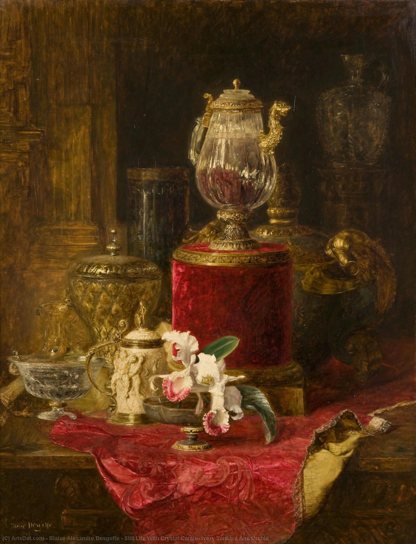 Still Life With Crystal Carafe, Ivory Tankard And Orchid — Blaise Alexandre Desgoffe