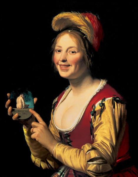 Smiling Girl, A Courtesan, Holding An Obscene Image — Gerard Van Honthorst