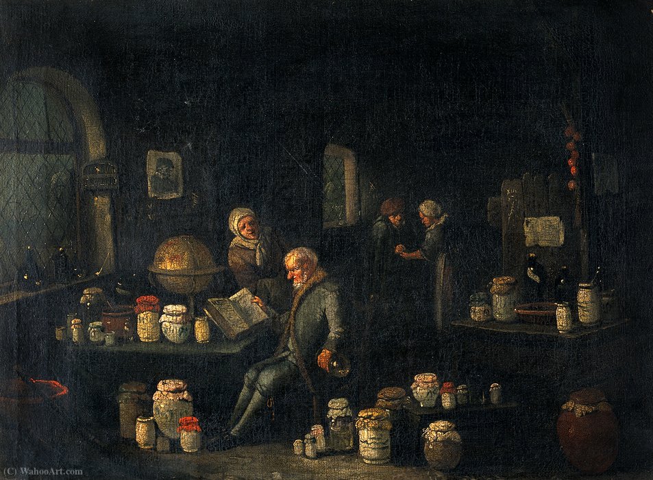 An Old Man Consulting A Book And Holding A Flask In A Room With Many Pharmacy Jars. — Egbert Jaspersz Van Heemskerck