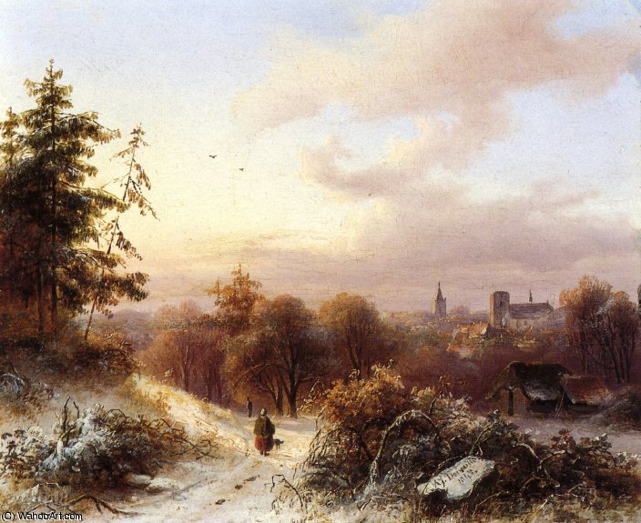Winter - A Peasant On A Path In A Wooded Landscape - A Town In The Background — Alexander Joseph Daiwaille