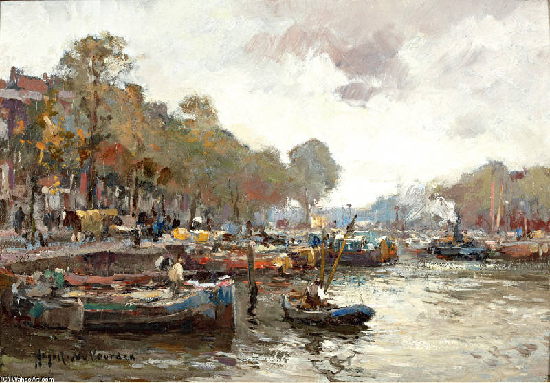 Moored Boats At The Boompjes In Rotterdam — August Willem Van Voorden