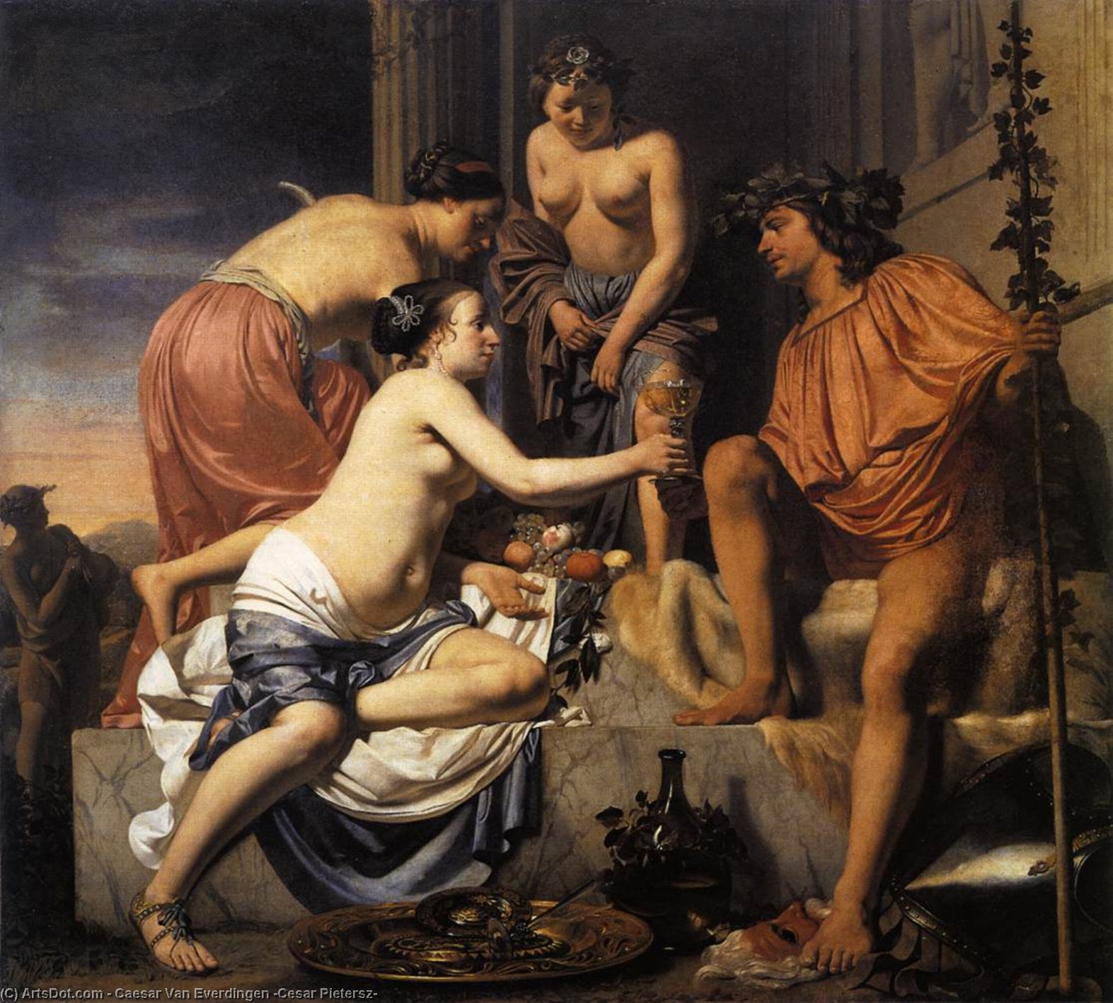 Nymphs Offering The Young Bacchus Wine, Fruit And Flowers — Caesar Van Everdingen