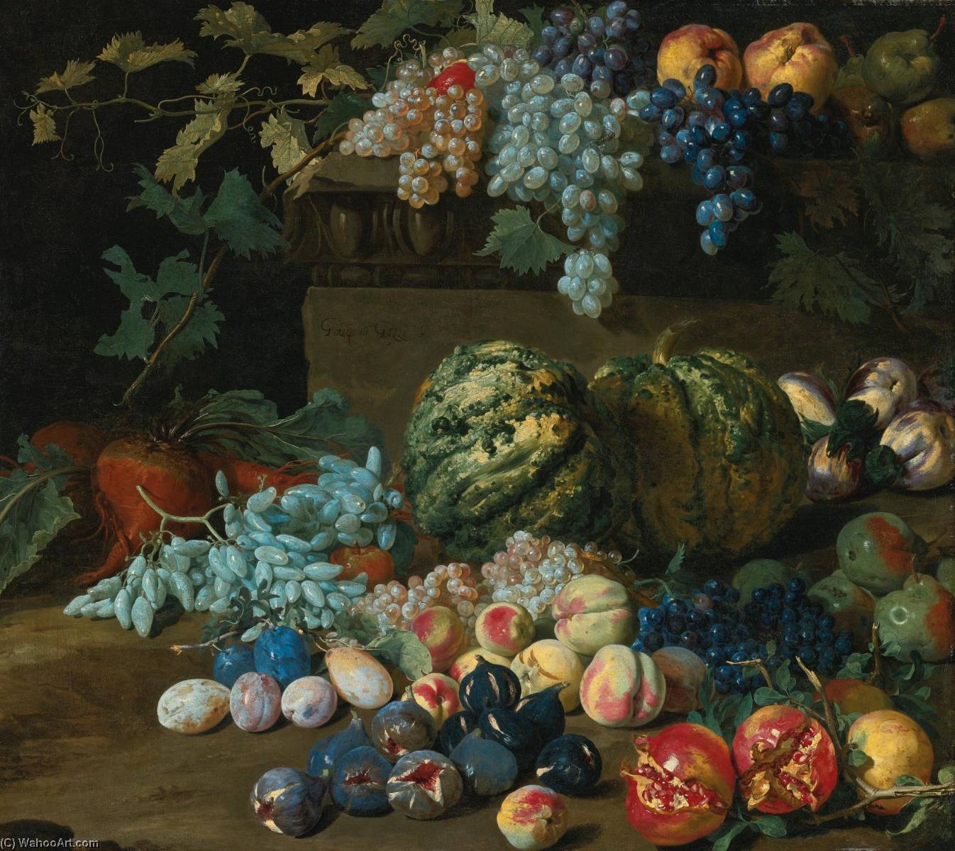 Pumpkins, Grapes, Peaches, Plums, Pomegranates, Pears, Figs, Apples, And Turnips By And On A Plinth — Hieronymus Galle The Elder