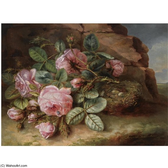 A Still Life With Roses Near A Bird's Nest — Margaretha Roosenboom