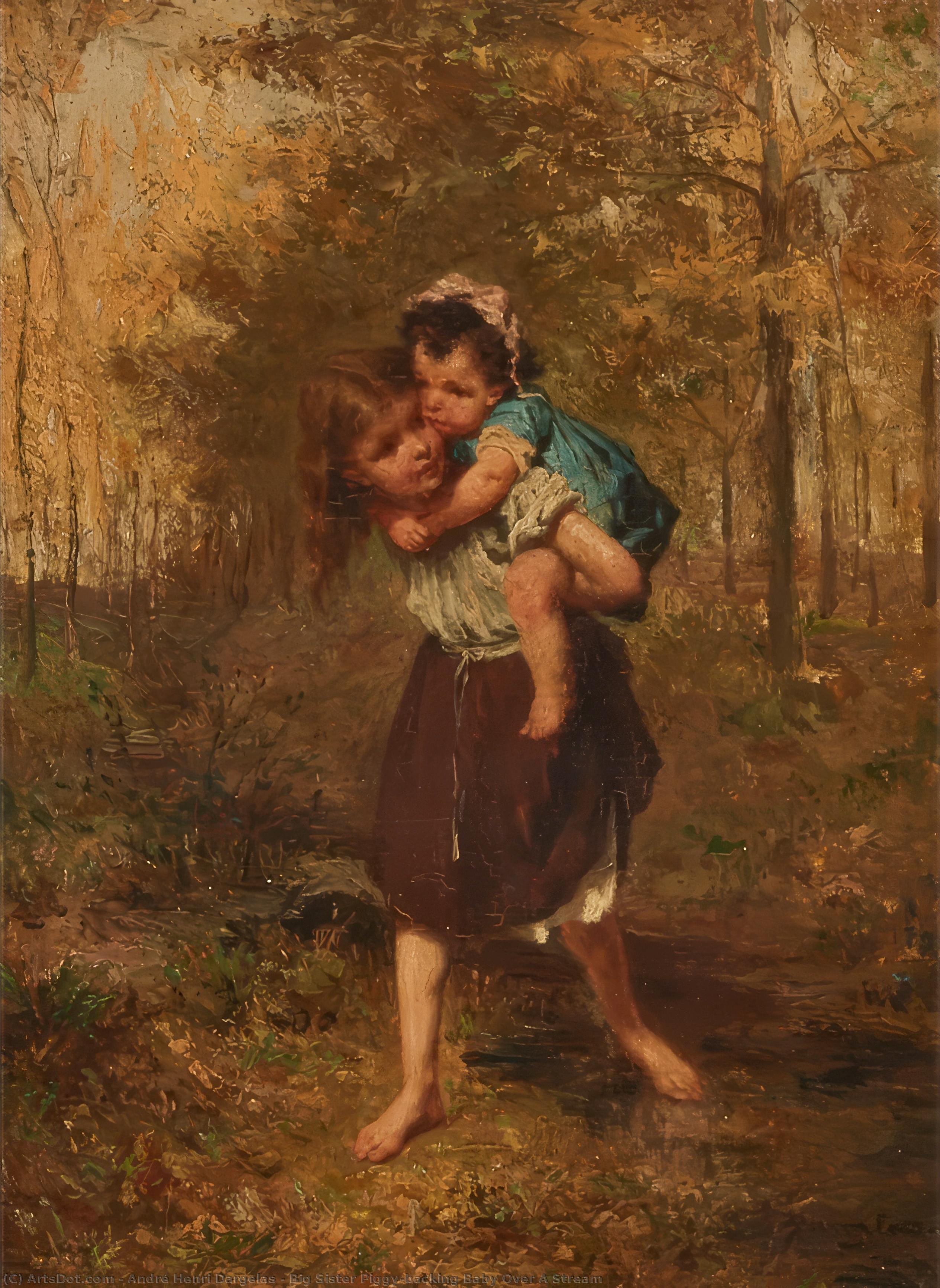 Big Sister Piggy-backing Baby Over A Stream — Andre Henri Dargelas