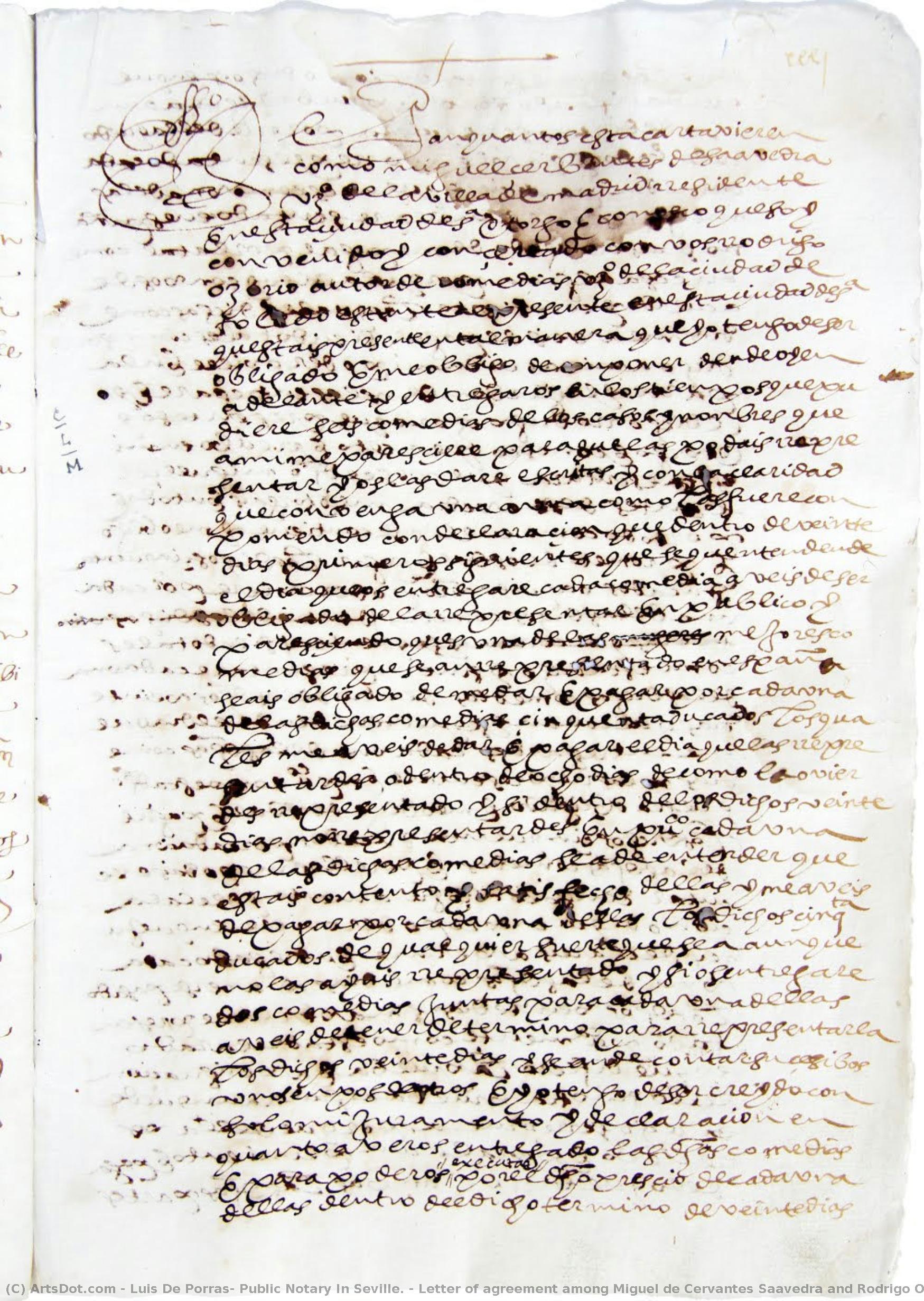 Letter Of Agreement Among Miguel De Cervantes Saavedra And Rodrigo Osorio To Compose Six Comedies. — Luis De Porras, Public Notary In Seville.