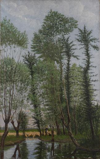 Berger Avec Son Troupeau, Au Bord De L'eau, Dans Une Peupleraie — Peulot Ernest