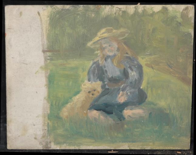 Femme Assise Avec Son Chien Dans Un Pré — Valentine Reyre
