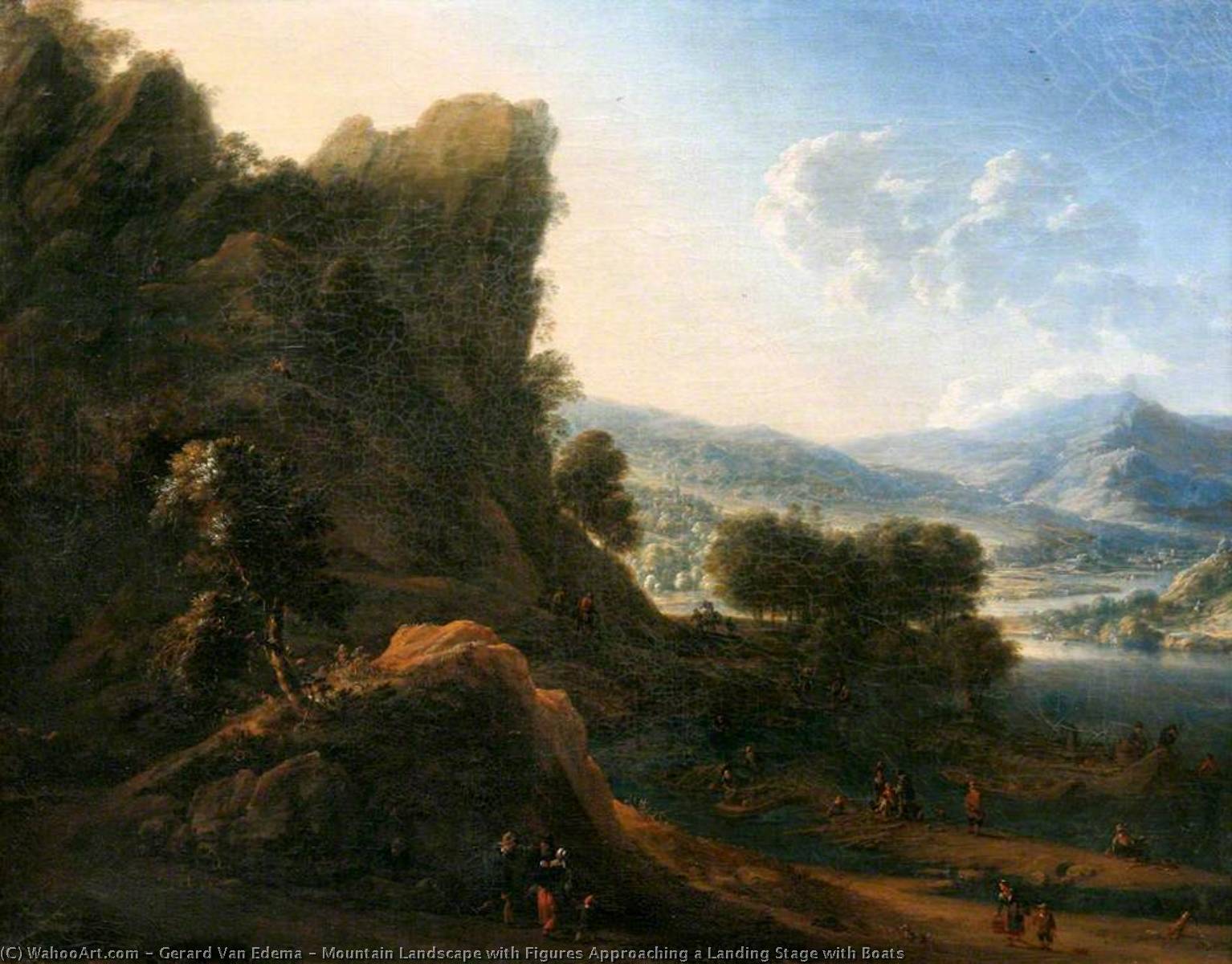 Mountain Landscape With Figures Approaching A Landing Stage With Boats — Gerard Van Edema
