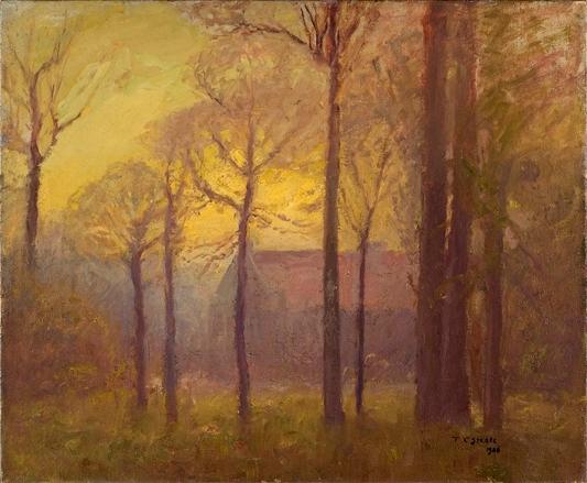 Building Among Tall Trees (sunset On The Campus) — Theodore Clement Steele