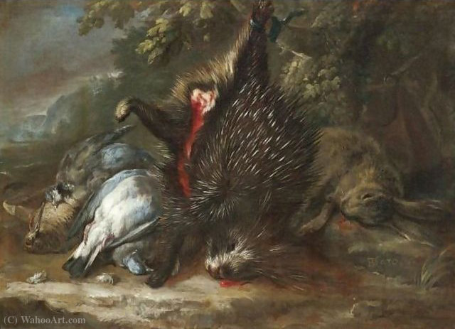 A Still Life With Dead Game And A Porcupine Hanging From A Branch — Baldassarre De Caro