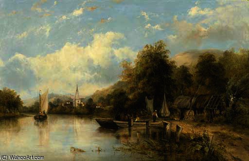 A Wooded River Landscape With A Ferry In The Foreground And A Village Beyond, Traditionally Identified As 'on The Stour' — Frederick Waters (william) Watts