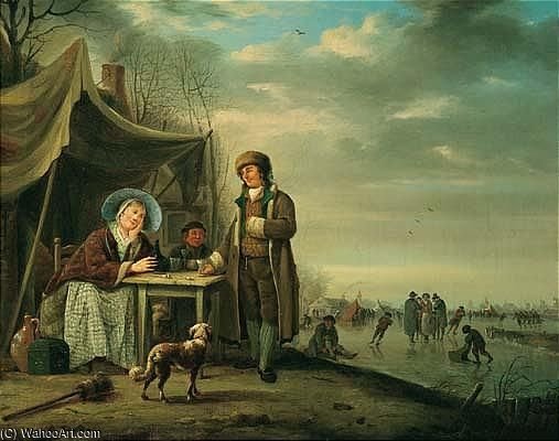 Winter Landscape With Figures Drinking By A Frozen River — Andries Vermeulen