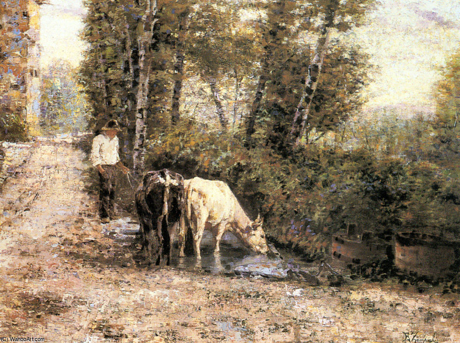 Cows Watering At A Quiet Pool — Eugenio Zampighi