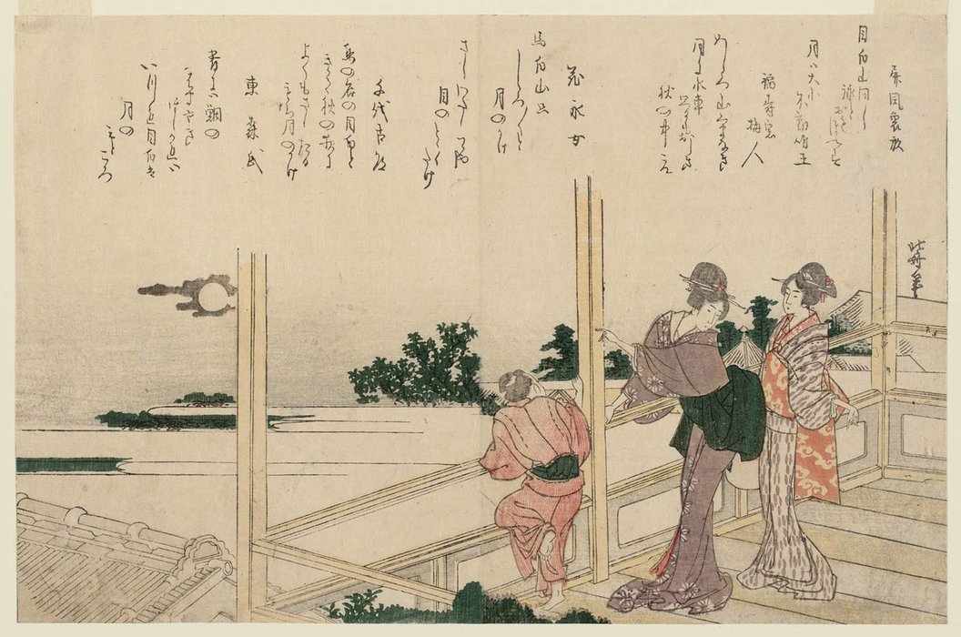 Viewing The Autumn Full Moon From The Buddhist Temple In Mejiro Village — Katsushika Hokusai