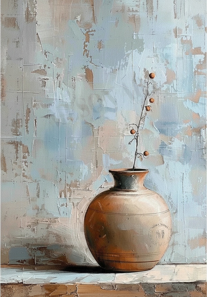 Terracotta Vessel Amidst Weathered Blue And Ochre Textures — Laurent Roche