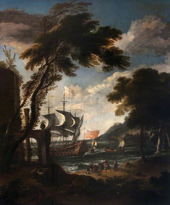 A Seaport With Men O' War, Boats And Figures — Lukas Moser