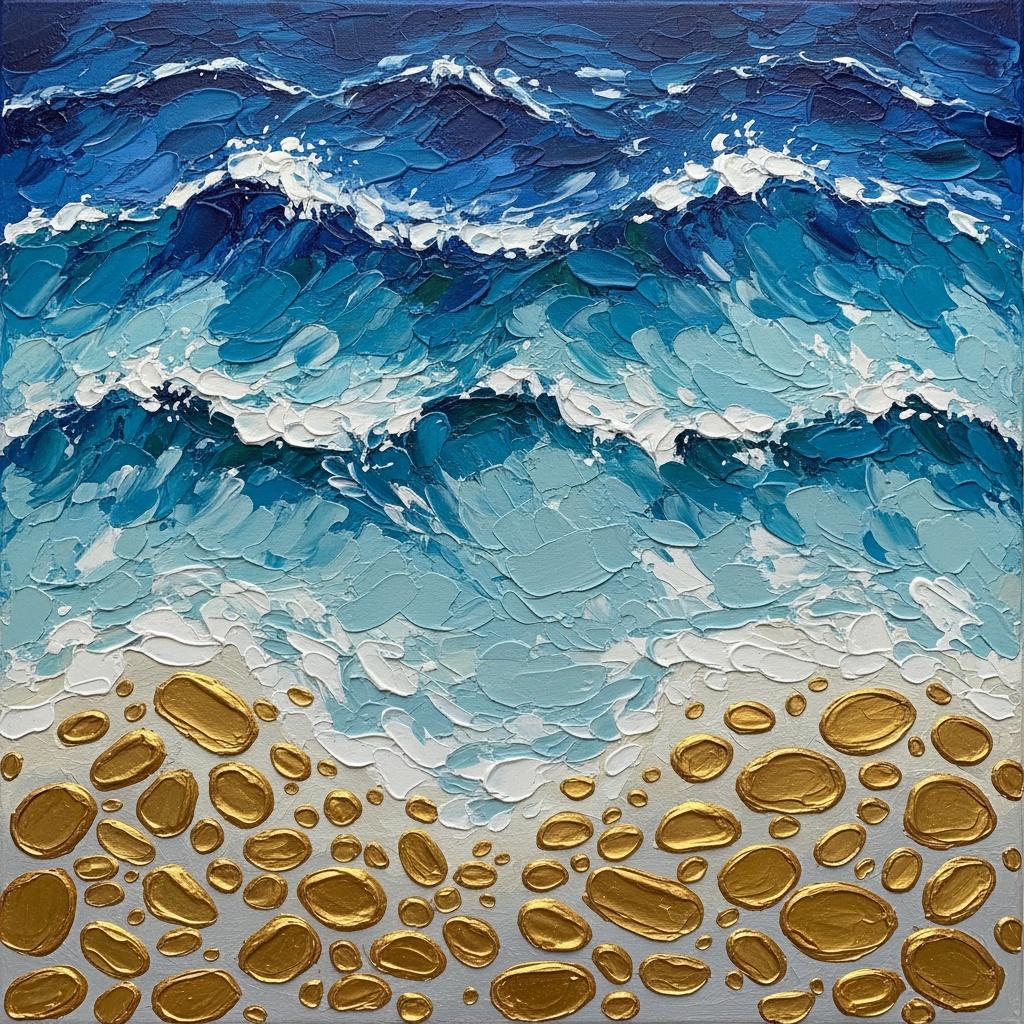 Golden Shoreline Echoes: A Monumental Impasto Study Of Rhythmic Cerulean Tides — David Moreau