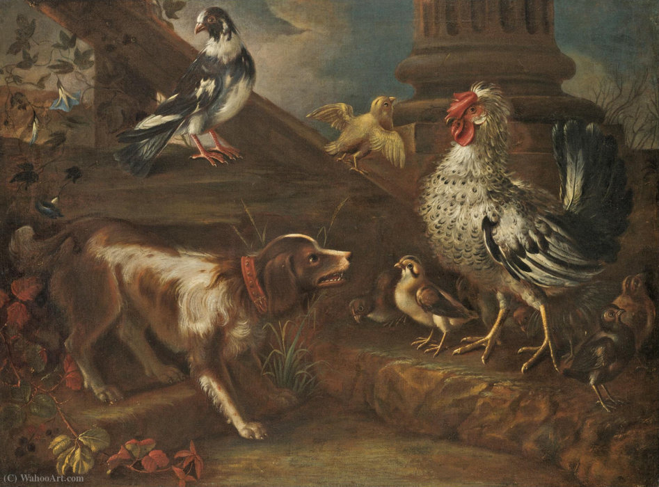 A Farmyard Still Life With A Spaniel, A Cockerel, Chicks, And A Pigeon — Niccolò Cassana