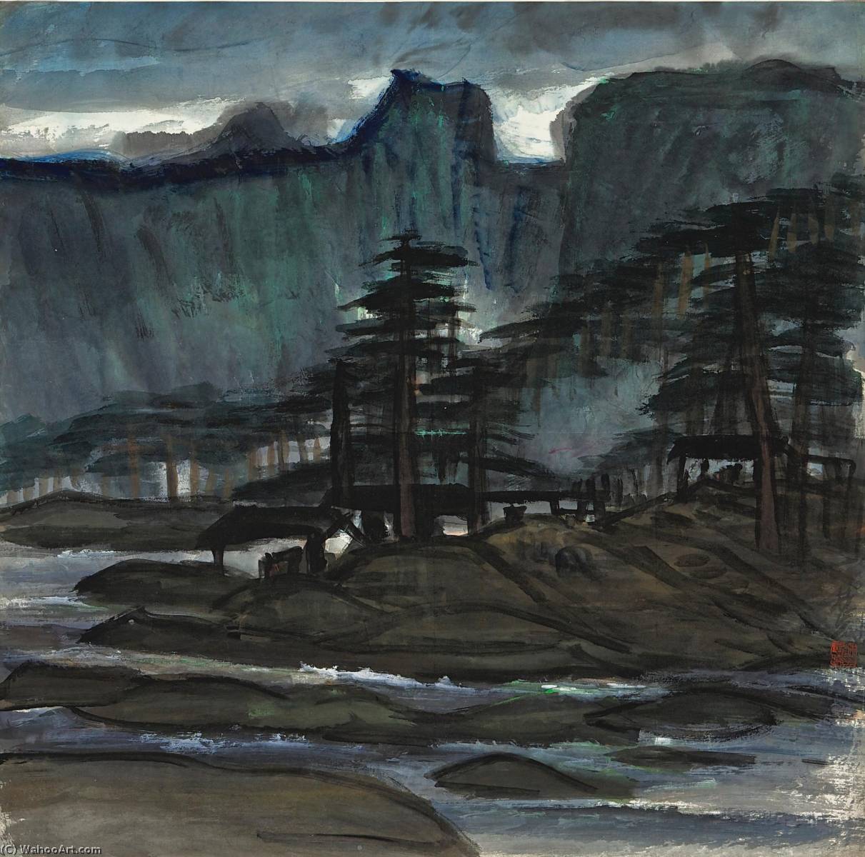 Houses In Pine Landscape — Lin Fengmian Flying Geese Over The Lotus Pond