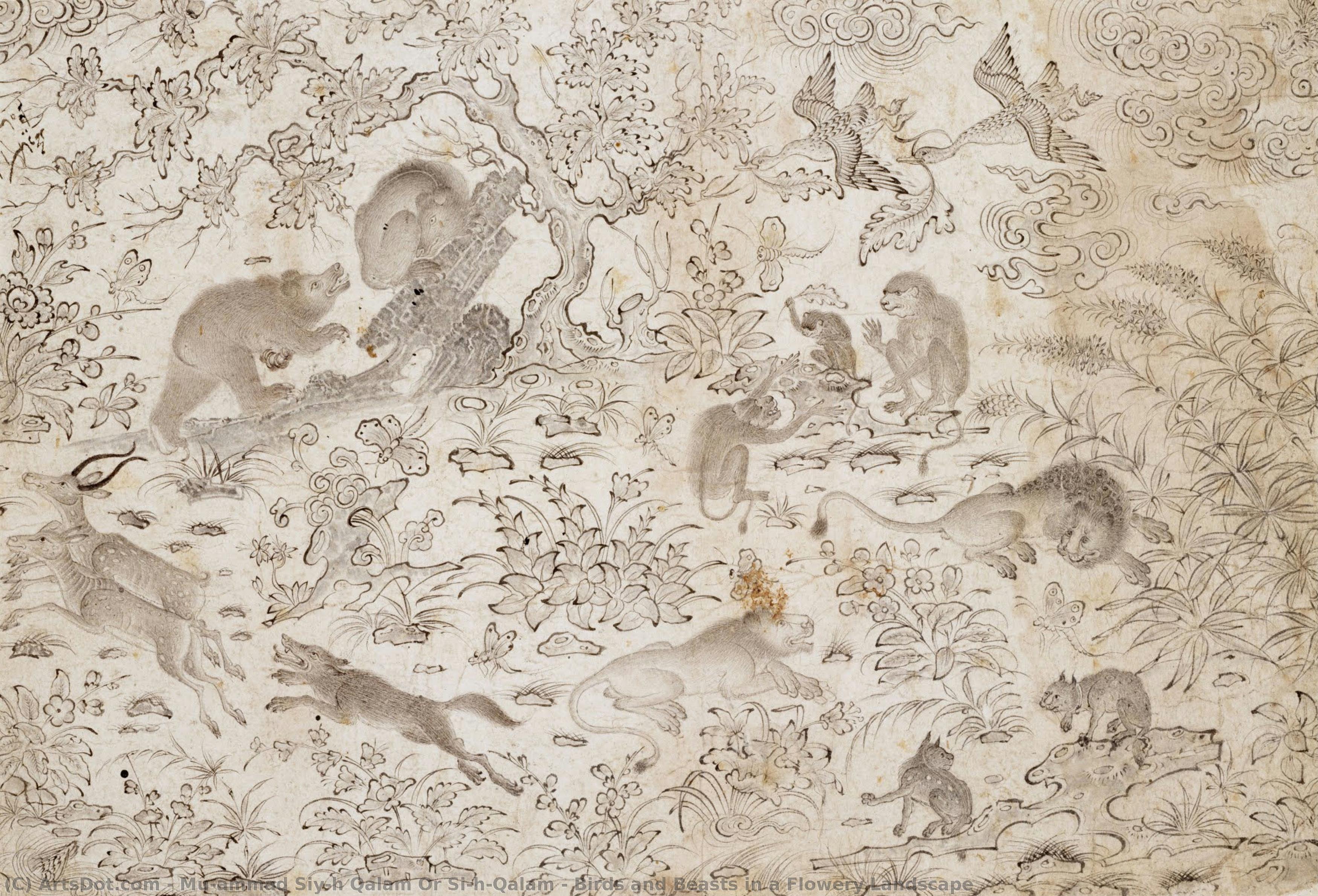 Birds And Beasts In A Flowery Landscape — Muḥammad Siyāh Qalam Or Siāh-qalam