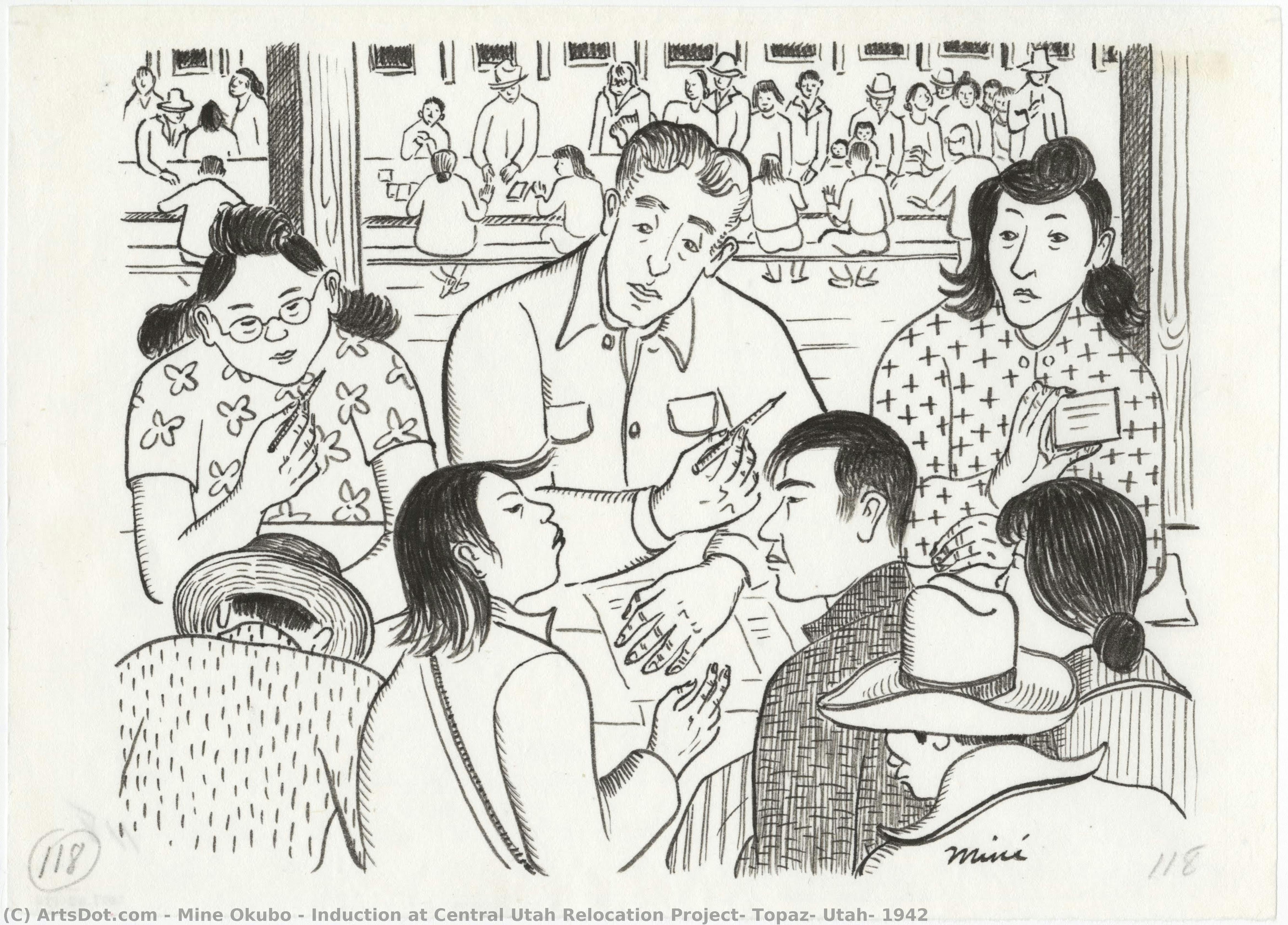Induction At Central Utah Relocation Project, Topaz, Utah, 1942 — Miné Okubo