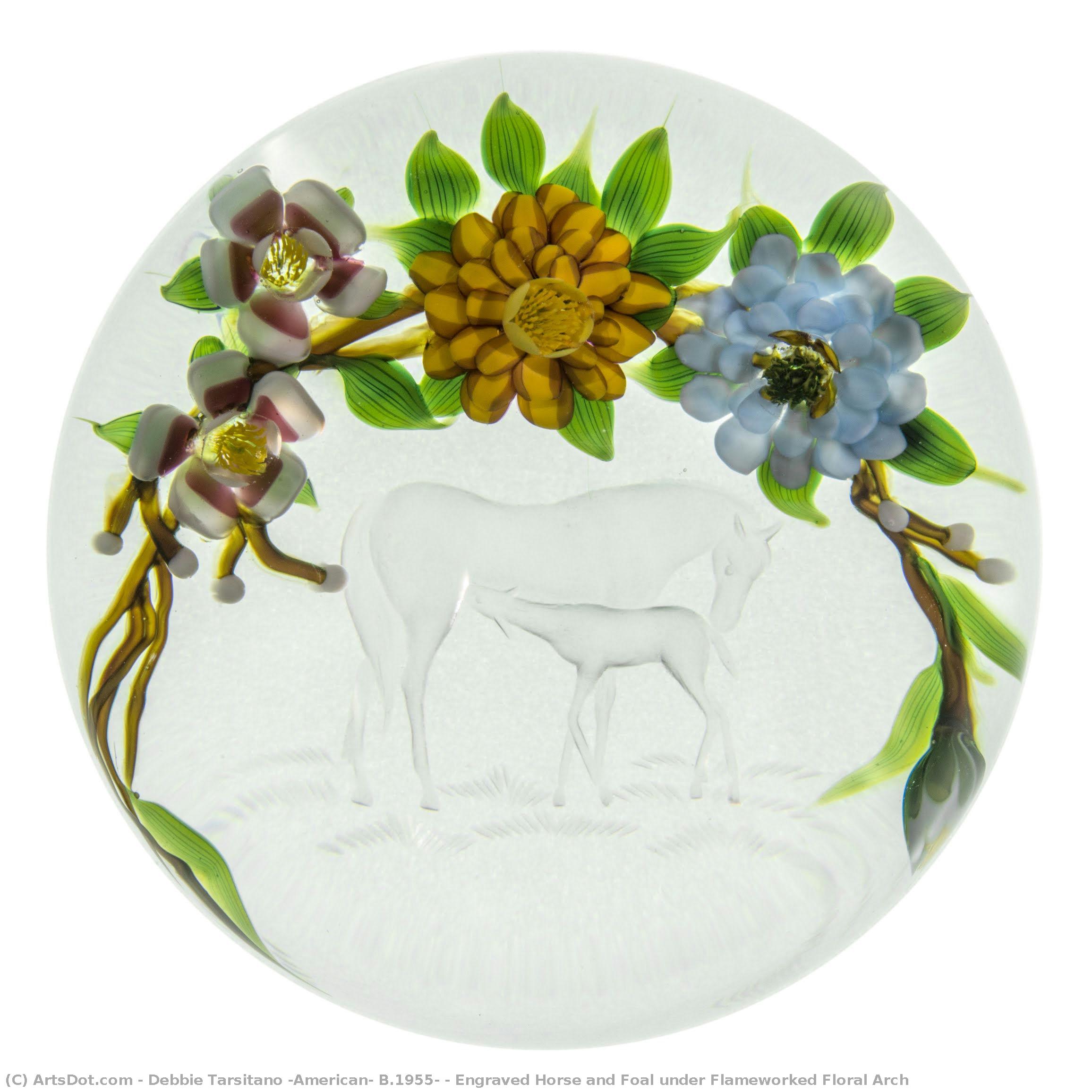 Engraved Horse And Foal Under Flameworked Floral Arch — Debbie Tarsitano (american, B.1955)
