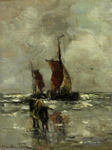 A Horse And Rider On A Beach With Two Boats Offshore — Gerhard Arij Ludwig Morgenstje Munthe