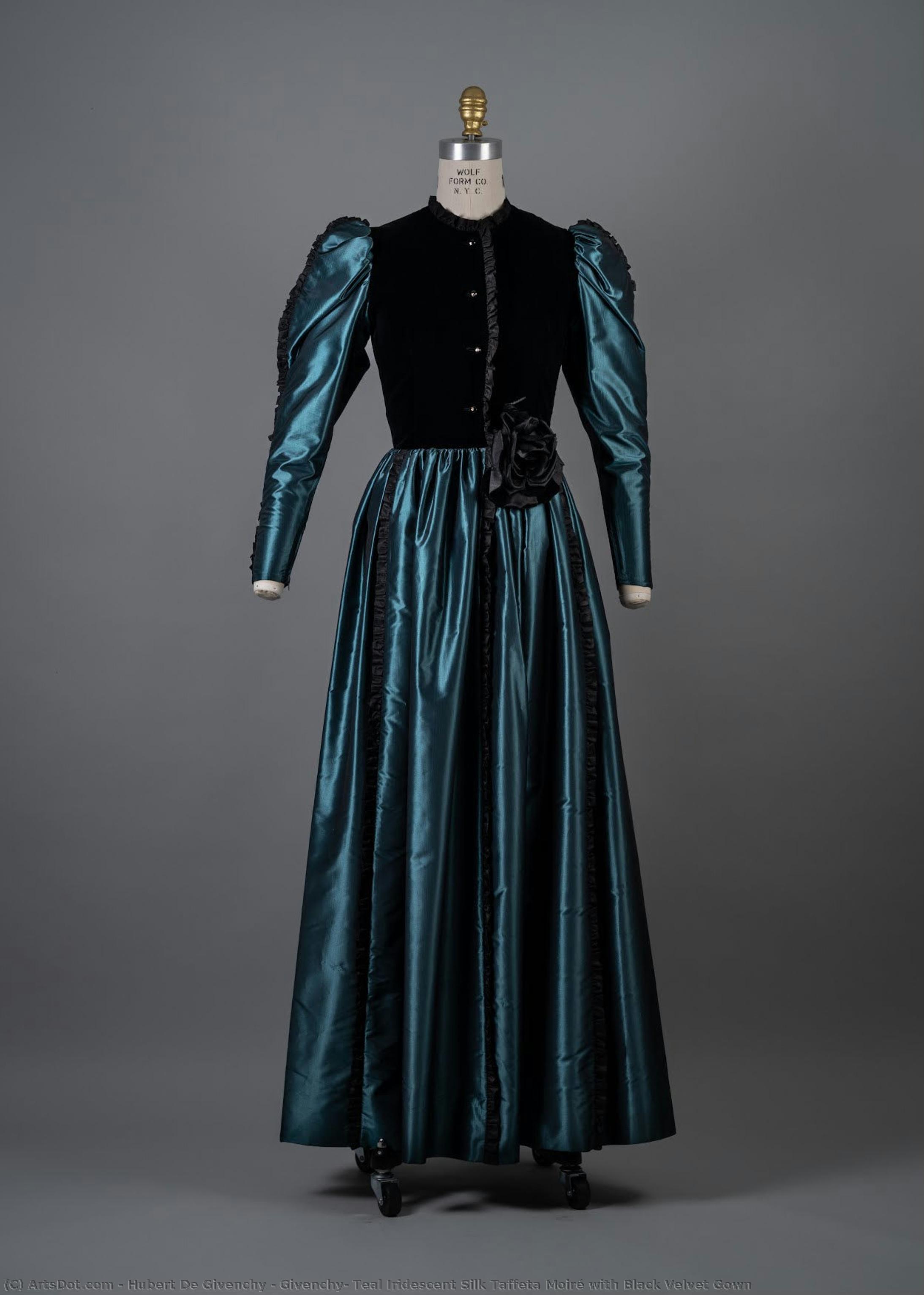 Givenchy, Teal Iridescent Silk Taffeta Moiré With Black Velvet Gown — Юбер Де Живанши