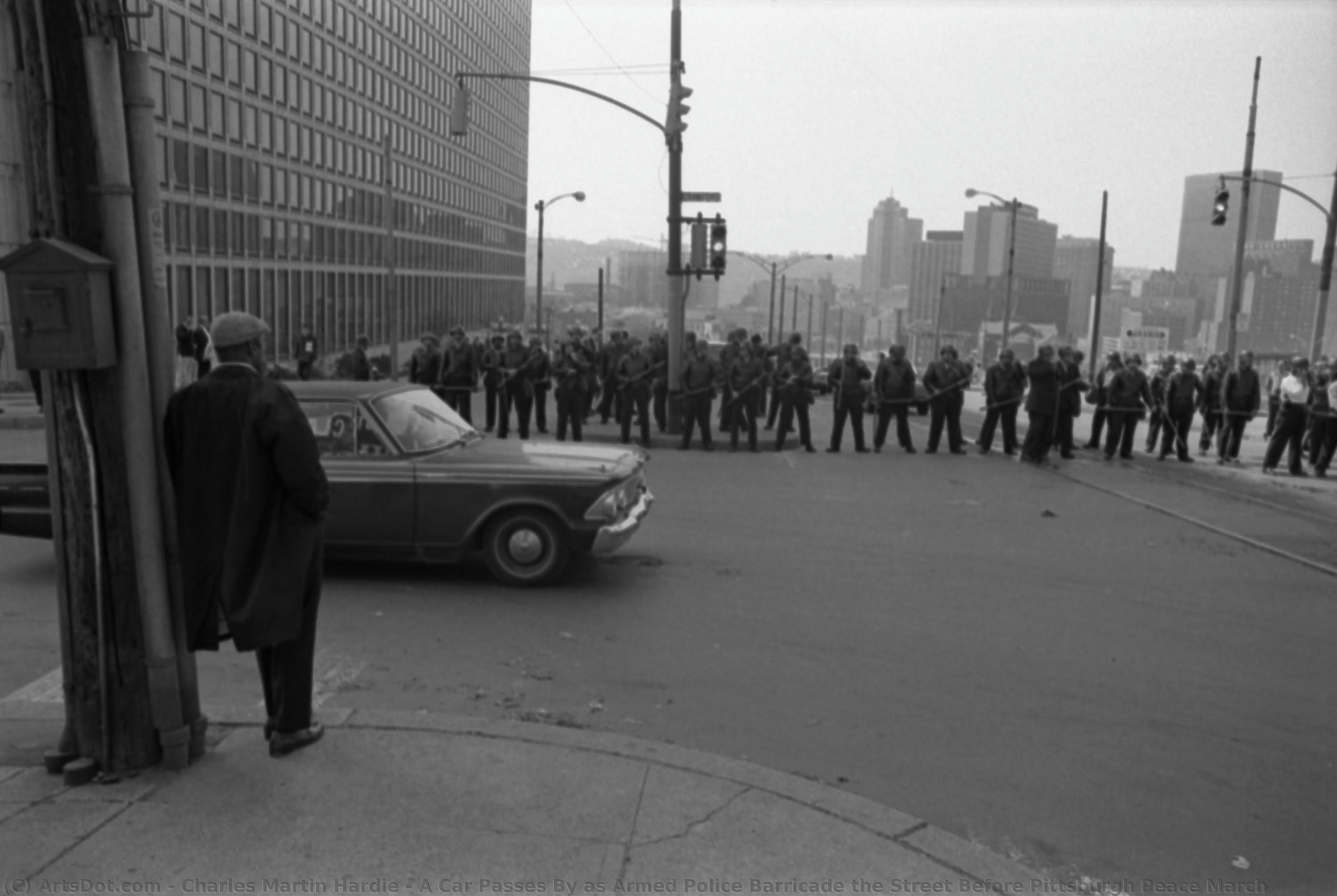 A Car Passes By As Armed Police Barricade The Street Before Pittsburgh Peace March — Charles Martin Hardie