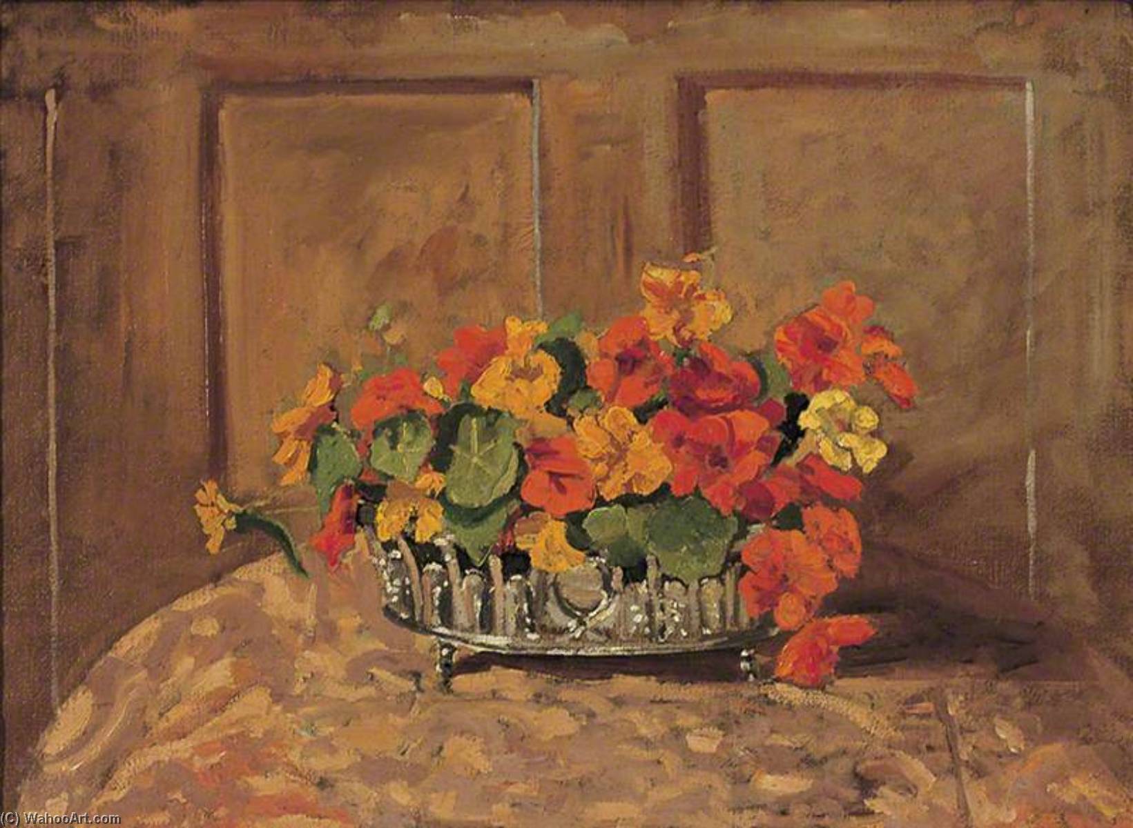Nasturtiums In A Silver Presentation Bowl, With Panelling — Winston Spencer Churchill