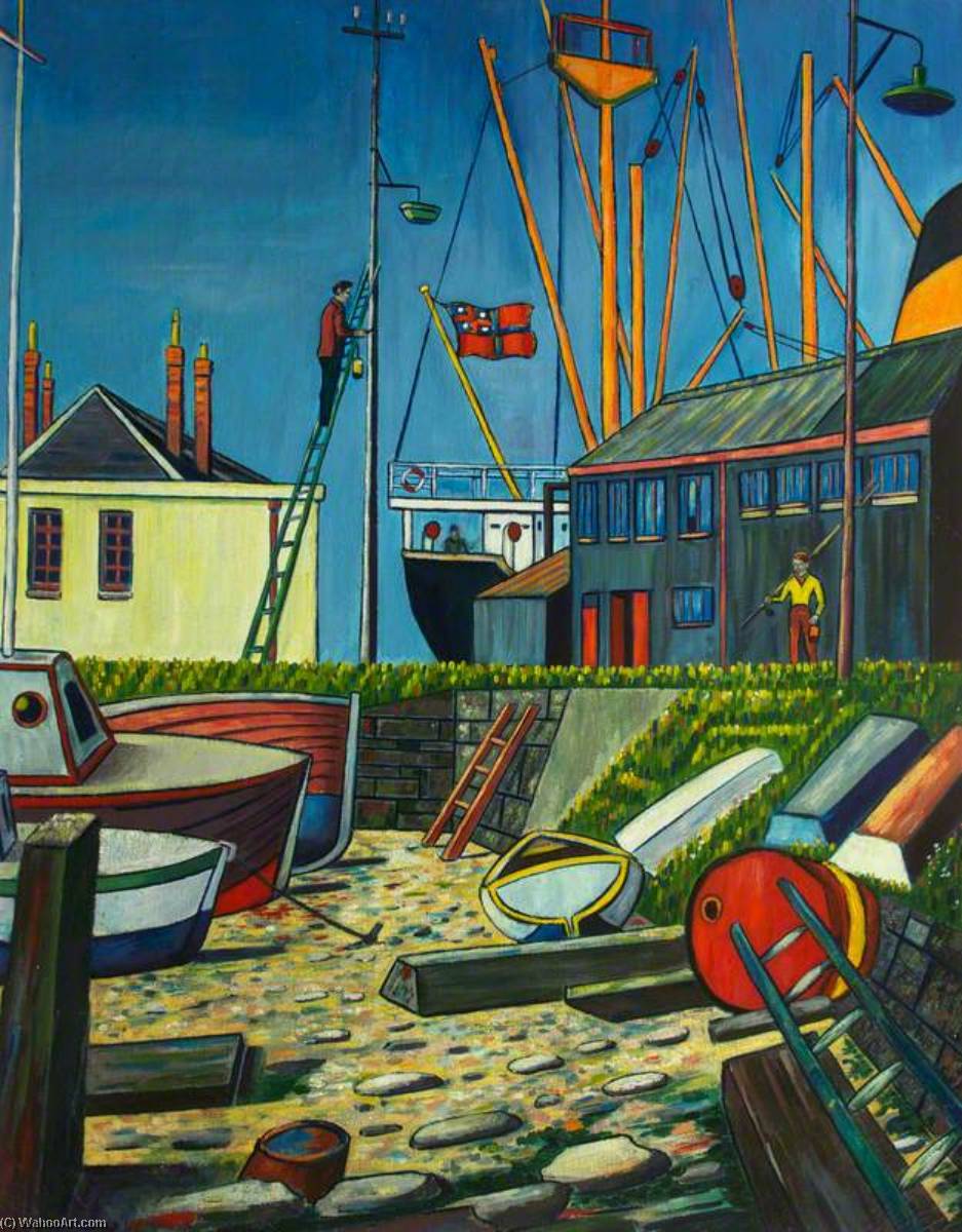 Figure With A Fishing Rod At A Quayside At Low Tide, Another Figure On A Ladder Nearby — Charles Byrd
