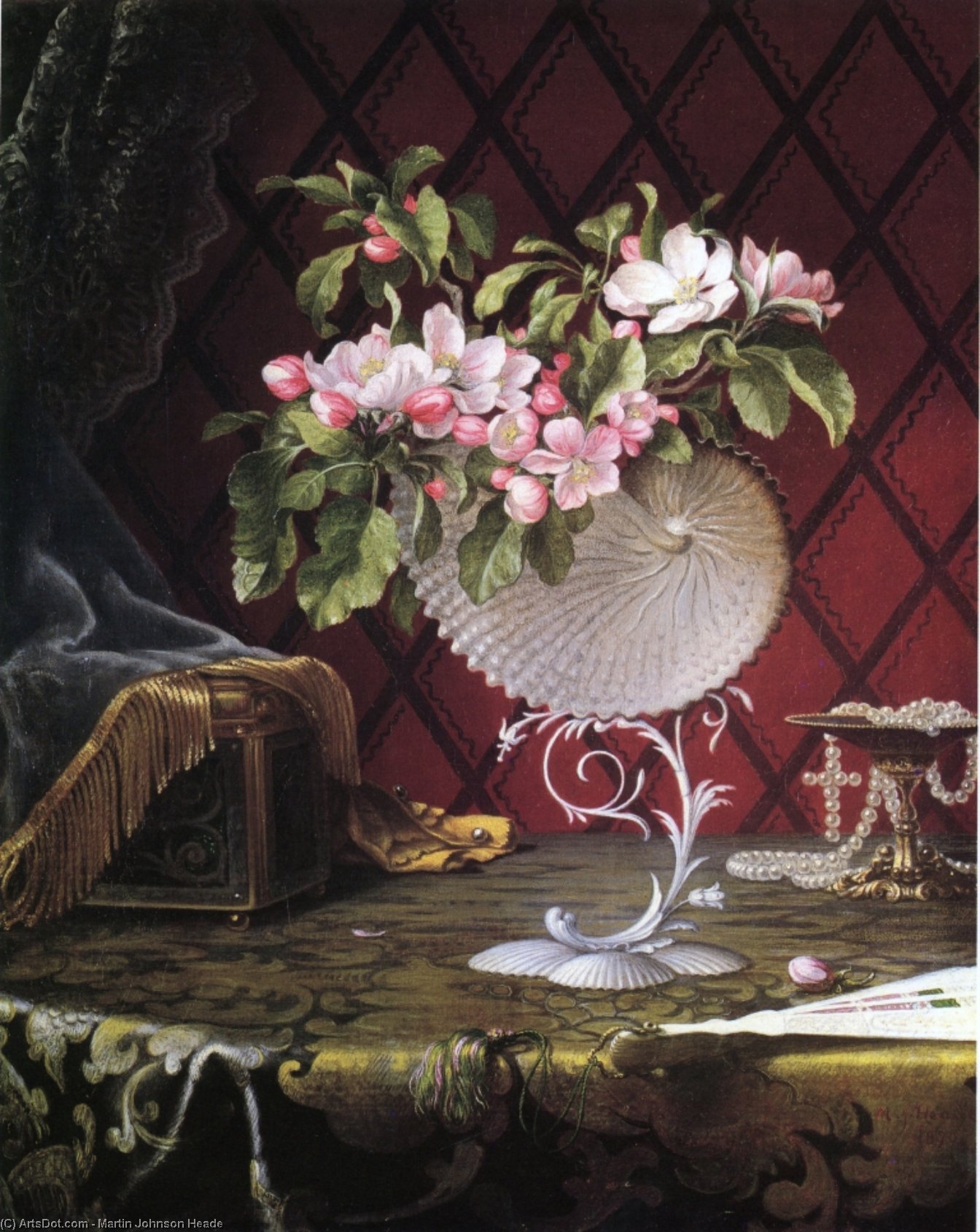 Still Life With Apple Blossoms In A Nautilus Shell — Martin Johnson Heade