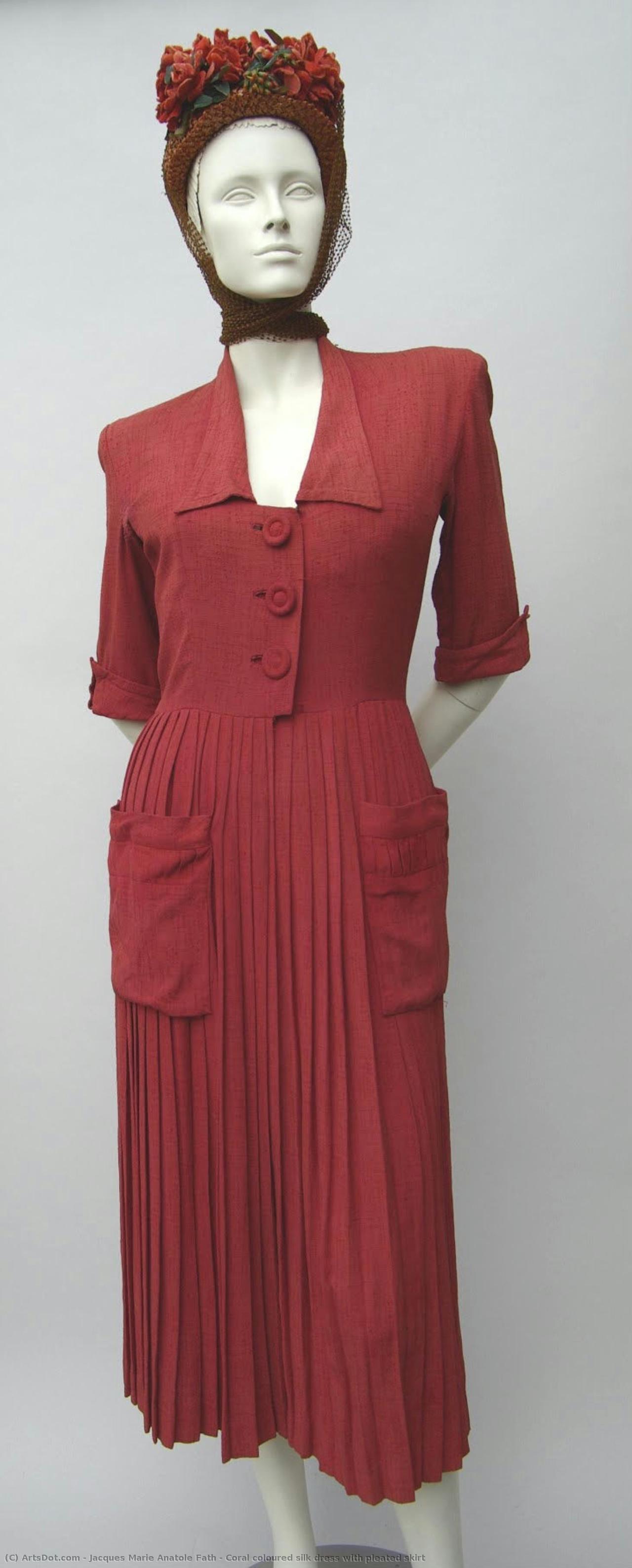 Coral Coloured Silk Dress With Pleated Skirt — Jacques Fath