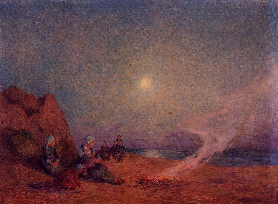 Le Pouldu, Woman On The Beach Beside A Fire — Ferdinand Du Puigaudeau