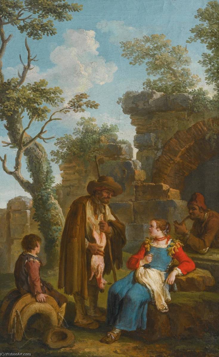 A Woman Buying A Kid Goat From A Shepherd, With A Boy Sitting On A Saddle And A Man Smoking A Pipe, By A Ruin — Paolo Monaldi