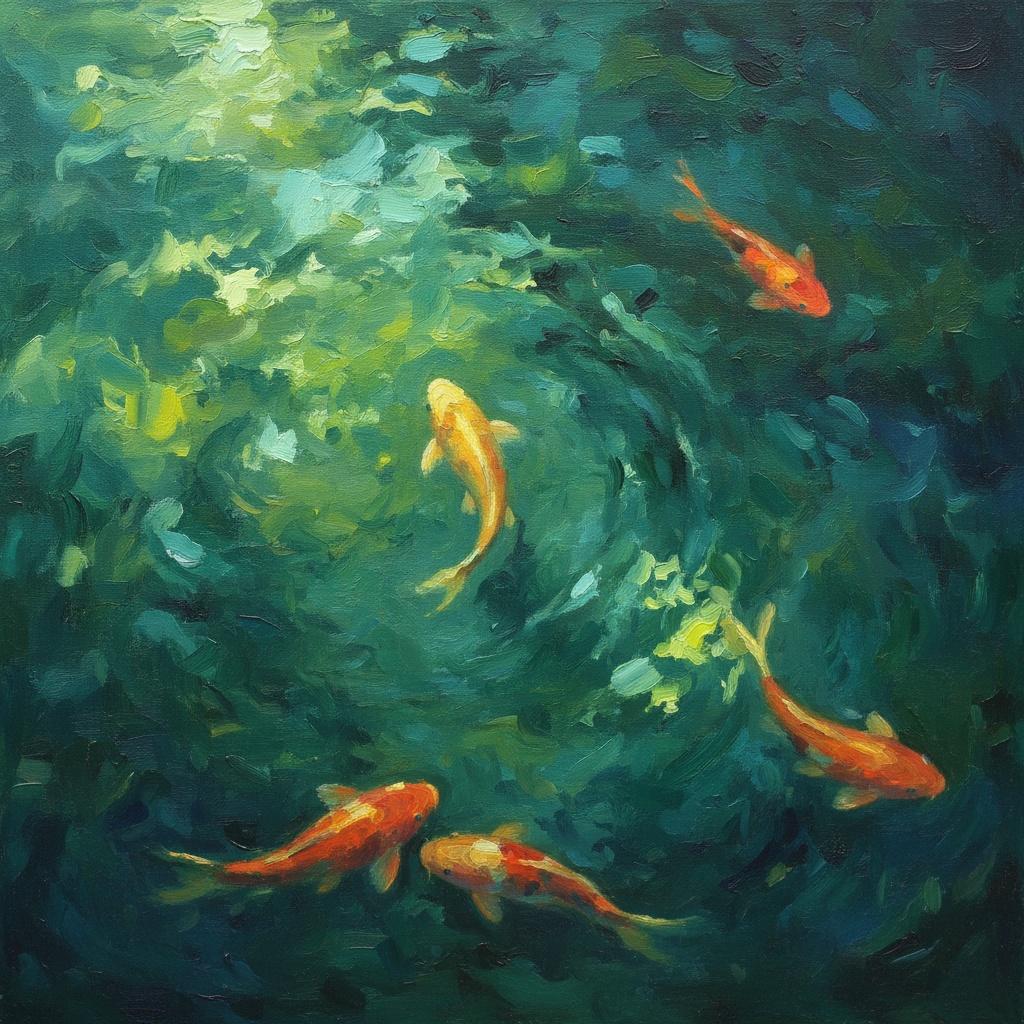 Himmlischer Wirbel Von Zinnoberroten Koi Inmitten Tiefer Smaragdgrüner Impasto-wellen — Christian Noiret